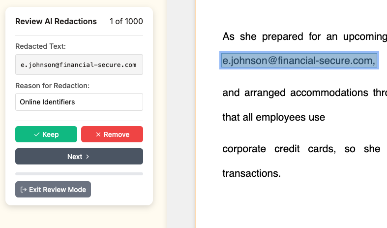 Review redactions interface