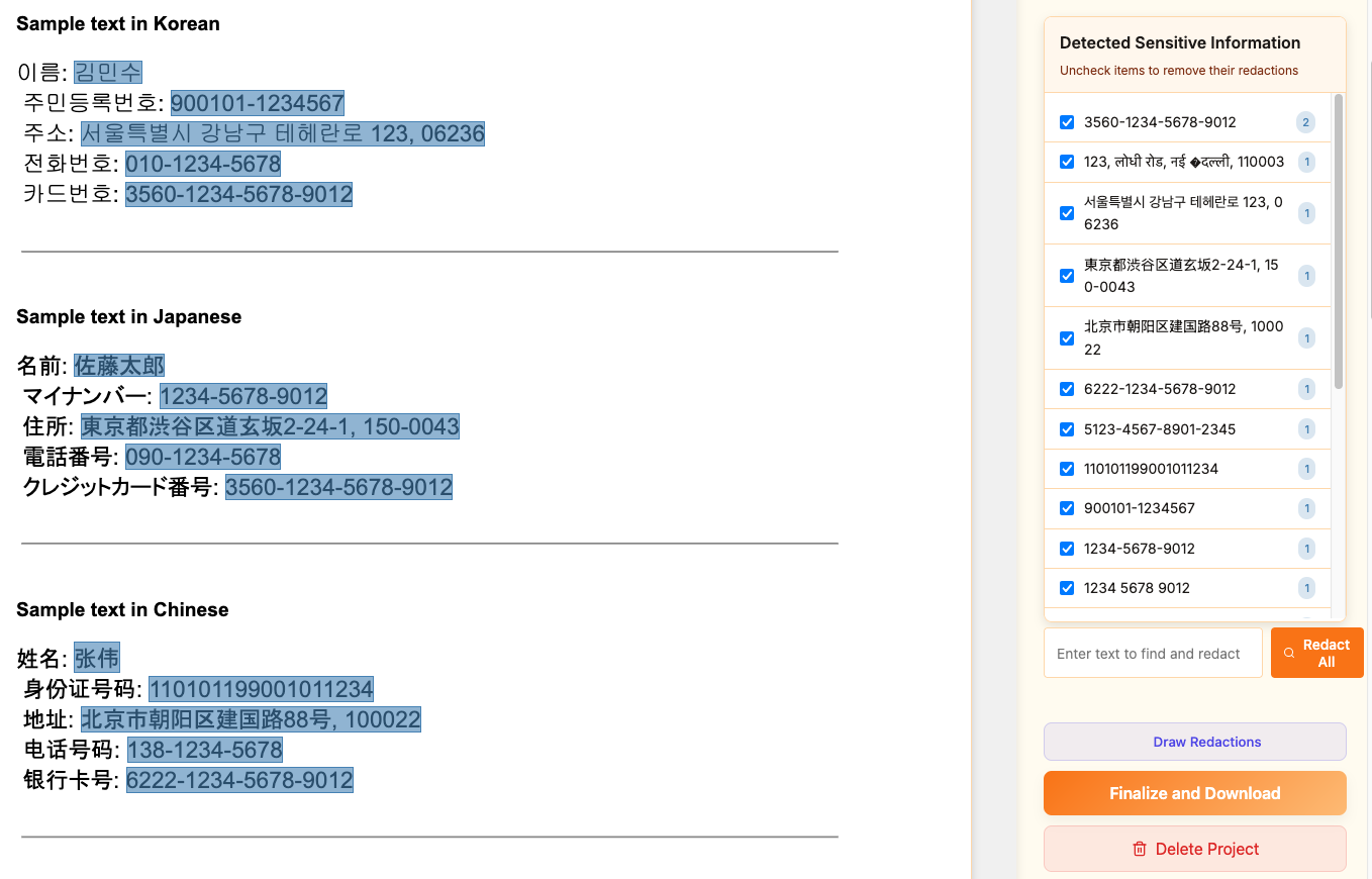 Multilingual redaction interface